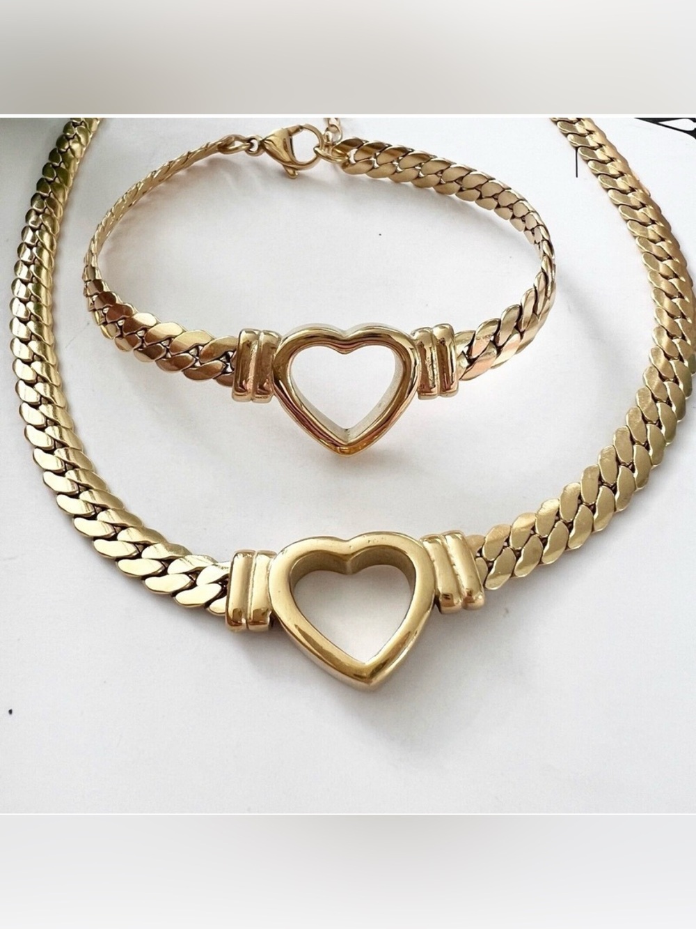 Gold Titanium & Stainless Steel Heart Snake Chunky Necklace Set Womens Jewelry - Picture 2 of 7